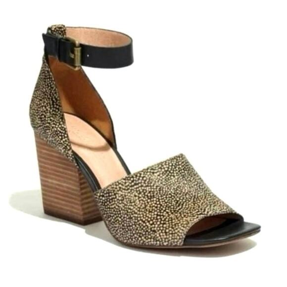 MADEWELL Alena Dotted Calf Hair Block Heeled Sandal SZ 8 Black Ankle Strap Retro - Picture 1 of 13